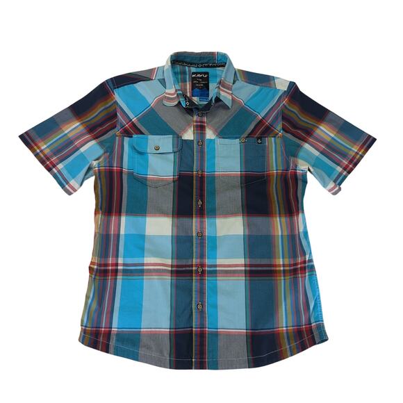 KAVU‎ Short Sleeve Button-down Shirt Blue Plaid Men's Size Large Gorpcore - Picture 1 of 8